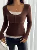 2026 Moda de Punto Transfronteriza Europea y Americana Simple Cuello Cuadrado Encaje Patchwork de Manga Larga Ajustado de Botones Solos para Mujer