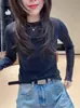 Camiseta Sexy de Encaje con Pedrería Resistente, Estilo Nuevo de Primavera, Ajustada, Manga Larga, Versátil para Mujer, Top Casual a la Moda y Adelgazante