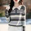 Elegante y sofisticado suéter de punto con cuello de ganchillo y diseño a rayas, de manga larga, adelgazante, versátil y cálido abrigo para mujer, estilo nuevo