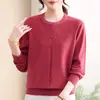 Ropa de Otoño para Mamá Tejido de Punto Rojo Cuello Redondo para Mujeres de Mediana Edad y Mayores Elegante Temperamento Top que Reduce la Edad Manga Larga Capa Base Delgada Suéter de Lana