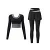 Conjunto de Yoga de Dos Piezas Falsas de Manga Larga para Mujer Pantalones Largos de Cintura Alta de Dos Piezas Falsas Secado Rápido Adelgazante Running Fitness Conjunto de Dos Piezas