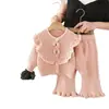 Abrigo Suéter para Niñas 2024 Nuevo Estilo Conjunto Tejido con Lazo Conjunto de Pantalones para Niñas