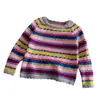 Suéter Feminino Primavera e Outono 2026 Novo Listrado Color Block Manga Longa para Crianças Pequenas, Camiseta Básica Fashion e Versátil