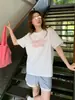Camiseta Informal de Manga Corta con Estampado de Letras Retro Americana para Mujer Verano 2026 Nuevo Top Holgado de Algodón Puro con Cuello Redondo