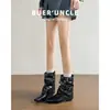Botas de Cavaleiro Retrô de Cano Alto Estilo Novo Americano Ocidental Jeans Bico Quadrado Fivela de Couro Rad 2026 Aumento de Altura Botas Curtas Salto Grosso