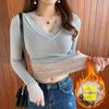 Blusas Quentes para Mulheres no Inverno, Veludo e Renda Espessa em Retalhos com Decote V Roupas de Outono com Camisetas de Segunda Pele Justas e Lingeries