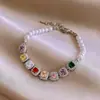 Pulsera de perlas de cubos de azúcar de circón de colores estilo coreano, diseño de moda dulce de nicho, joyería de lujo ligero de alta gama para mujer