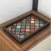 Bandeja decorativa de armazenamento para mesa de centro de sala de estar, bandeja de madeira estilo boêmio, bandeja de exibição de joias estilo étnico vintage