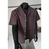 Camisa Masculina de Manga Curta com Gola Cubana e Textura, Estilo Old Money em Linho Sintético, Jaqueta Camisa Fina de Verão, Top de Caimento Solto