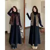 Ropa para Mujer Tallas Grandes Favorecedora Adelgazante Moderna Elegante Retro Sensación de Alta Gama Chal de Gamuza Vestido Negro Versátil de Dos Piezas