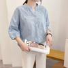 Camisa de mujer Mori de estilo japonés con cuello en V pequeño, bordada y hueca, estilo artístico, holgada, combinable con todo, de manga de siete puntos, de algodón puro para verano.