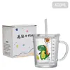 Caneca de Leite para Café da Manhã Infantil Desenho Animado com Escala, Copo de Água de Vidro Doméstico Estampado, Copo Criativo com Alça Resistente ao Calor