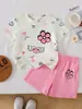 Conjunto de Verano de Manga Corta para Niñas Bebé Lindo Estampado de Flores Camiseta + Pantalones Cortos Rosas Conjunto de Dos Piezas