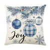 Funda de Cojín Navideño Azul Nórdico Sin Relleno Muñeco de Nieve Pino Cuadros Cojín Lumbar Decoración Festiva Cojín de Sofá