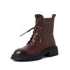 Botas de 6 furos de couro de cabra com textura explosiva arranhado à mão, sola grossa, outono e inverno 2023, salto médio grosso, bico redondo, cadarço, botas curtas para mulheres