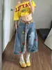 Jeans cropped retro estilo dibujos animados con bordado de hongo ChaoLiYouhuo para mujer, nuevos pantalones de pierna ancha para verano 2026