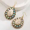 Pendientes de Turquesa Blanca Estilo Étnico Nuevo Transfronterizos Pendientes de Cuero Estampado de Leopardo Diamante Exagerado Retro Estilo Caliente de Estación Independiente