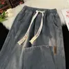 Calça jeans amarrada com corda lavada marca trendy ins casual de estudante calça masculina primavera e outono japonesa folgada reta longa