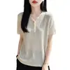 Nova Camisa Base T-shirt Tricotada de Manga Curta Feminina Cor Sólida Tencel Linho Bainha Dobrada Decote V de Alta Costura Pronta para Vestir Primavera/Verão 2026