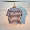 Camisa de Punto a Rayas de Color Contrastante para Mujer, Camiseta de Verano Fina de Manga Corta con Cuello Polo de Corte Holgado, Top Adelgazante, Camisa de Punto Fresca