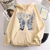 Sudadera con capucha negra con cremallera para mujer, estilo callejero hip hop gótico Harajuku Y2K con mariposa de calavera
