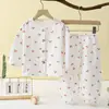 Pijama de Gasa Fina de Doble Capa para Niños Conjunto de Dos Piezas Verano Niñas Ropa de Casa Conjunto de Pantalones Bombachos de Manga Larga para Bebé Niño