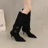 Botas de gamuza con punta, fruncidas y de tacón de bloque para mujer, nuevo modelo otoño e invierno 2026, botas altas y cortas de tacón de aguja de doble uso desmontables