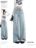 Jeans Rectos de Pierna Ancha Gris Cemento Retro Americano de Moda 2025 para Mujeres Petites, Pantalones Sueltos de Cintura Alta