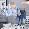 2025 Chunfeng Nuevo Polo de Manga Larga con Estampado Completo de Dinosaurios y Cuello Camisero Suéter Pantalones de Mezclilla Elegantes para Niños
