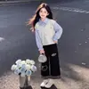 Moletom casual largo de manga comprida para meninas, novo conjunto de duas peças 2026 primavera/outono, calça xadrez de perna larga