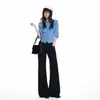 26 Anos Cruzamento de Fronteiras Outono/Inverno Novo Estilo Americano Simples Cintura Média-Baixa Levemente Elástico Não Apertado na Perna Calça Flare Suit Calça Longa Preta