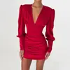 Falda Corta Satinada Brillante Estilo Europeo Otoño Invierno Cuello en V Profundo Mangas Largas Abullonadas Ajuste Delgado Vestido de Fiesta