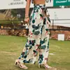 Pantalones Casuales Versátiles de Pierna Ancha con Cordones Elásticos en la Cintura con Estampado Tropical para Mujer Estilo Resort de Otoño