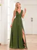 26 Modelos Más Vendidos de Vestidos de Noche de Gasa Brillante con Manga, Escote Doble en V, Silueta Línea A, Abertura Lateral y Largo Hasta el Suelo para Fiestas