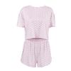 Conjunto de dos piezas de ropa de casa para mujer de punto suave y agradable al tacto con estampado de corazones de verano 2025, de manga corta y pantalones cortos con abertura que dejan el ombligo al descubierto