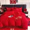 Juego de Ropa de Cama de Boda de Cuatro Piezas de Alto Nivel Estilo Chino, Funda de Edredón de Algodón Rojo Brillante para Boda, Colcha Alegre para Habitación de Novia, Ropa de Cama para Dote de Recién Casados