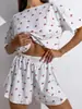Pijama europeo y americano transfronterizo para mujer, calado, transpirable, estampado, sexy, con conjunto de shorts con abertura, ropa para el hogar, cómodo para uso doméstico