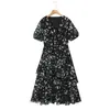 Vestido de Descanso Runqi Tallas Grandes Cuello en V Volante Estampado de Mariposas 8963 Floral Estilo Francés Vestido Ceñido a la Cintura
