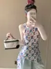 Top de Tirantes con Diseño Floral a Cuadros para Mujer, Verano, Atado, Ajustado, Sin Mangas, Ropa Exterior, Estilo Dulce de Nicho, Top Adelgazante