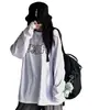 Camiseta base blanca estampada estilo ins Harajuku coreano, de longitud media, manga larga, corte holgado para mujer, moderna
