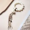 Pulsera de Bodhi Tara de Jade Blanco con Cuentas Redondas de Alto Pulido, Cuentas de Meditación, Colgante de Borla, para Sostener en la Mano para Hombres y Mujeres, Suministro para Transmisión en Vivo