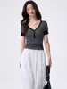 Camiseta de Manga Corta con Cuello en V y Rayas Blancas y Negras de Tencel Lyocell para Mujer, Top de Verano con Bloques de Color y Media Botonadura Ajustado