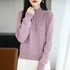 Suéter de algodão puro com tricô em relevo, gola redonda, estilo casual para mulheres, outono e inverno, modelador, elegante, rejuvenescedor, espessado, quente, suéter de base