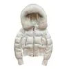 Novo design de moda de rua outono e inverno, casaco de algodão com gola de pelo removível, jaqueta feminina de cor sólida slim fit que afina a cintura