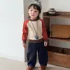 Conjunto de Tricô Estilo Coreano para Bebês e Crianças Pequenas, Bloco de Cores, Manga Raglan, para Meninos e Meninas, Outono, Solto, Casual, Calça de Perna Larga, Conjunto de Duas Peças