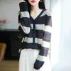 Cárdigan de punto a rayas retro color block con cuello en V para mujer, de principios de otoño, hueco, fino, de manga larga, holgado, casual, chaqueta exterior