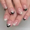 Modelo de Comercio Exterior Más Vendido: Uñas Postizas Negras y Blancas de Lunares Estilo Chanel Flor Francesa Cortas Almendra de 24 Piezas al por Mayor