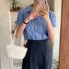 Diseño de Manga Corta Camisa de Verano Holgada a Rayas Azules Camisa Casual 2026 Nuevo Estilo Top Dopamina