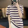 26 Camiseta de Punto de Algodón Puro de Manga Corta a Rayas Bloques de Color con Cuello Redondo para Mujer, Top Delgado Versátil Estilo Coreano de Media Manga