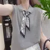 Top de Malha com Gola Polo e Gravata Lenço, Novo Estilo de Verão Feminino, Regata Fina Sem Mangas de Seda Gelada, Top Estiloso